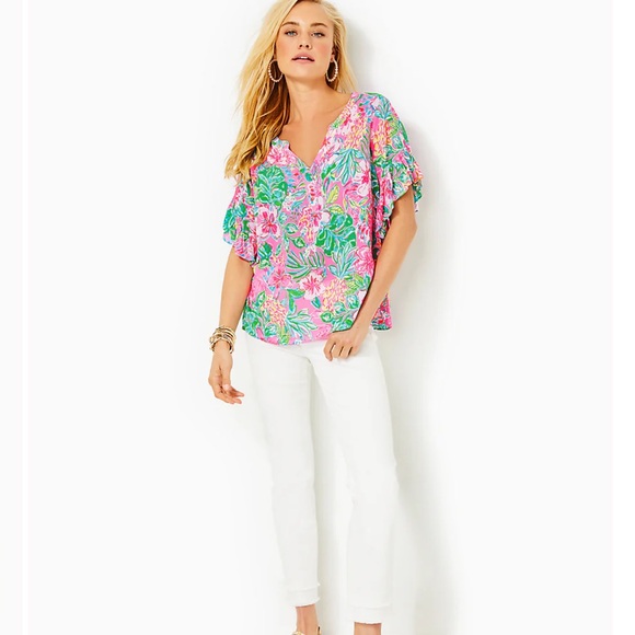 Lilly Pulitzer Quinna Top Journey To The Jungle Floral Short Sleeve Blouse M - Picture 3 of 9